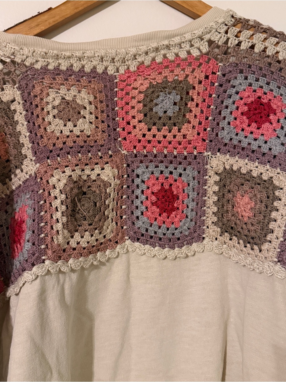 Lucky Brand Crochet Yoke Pullover Granny Square Woven L Boho - Picture 5 of 12